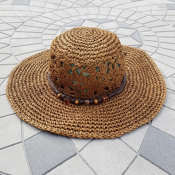 Scala Accessories - *SOLD*  Scala Crochet Raffia Bead Floppy Sun Hat